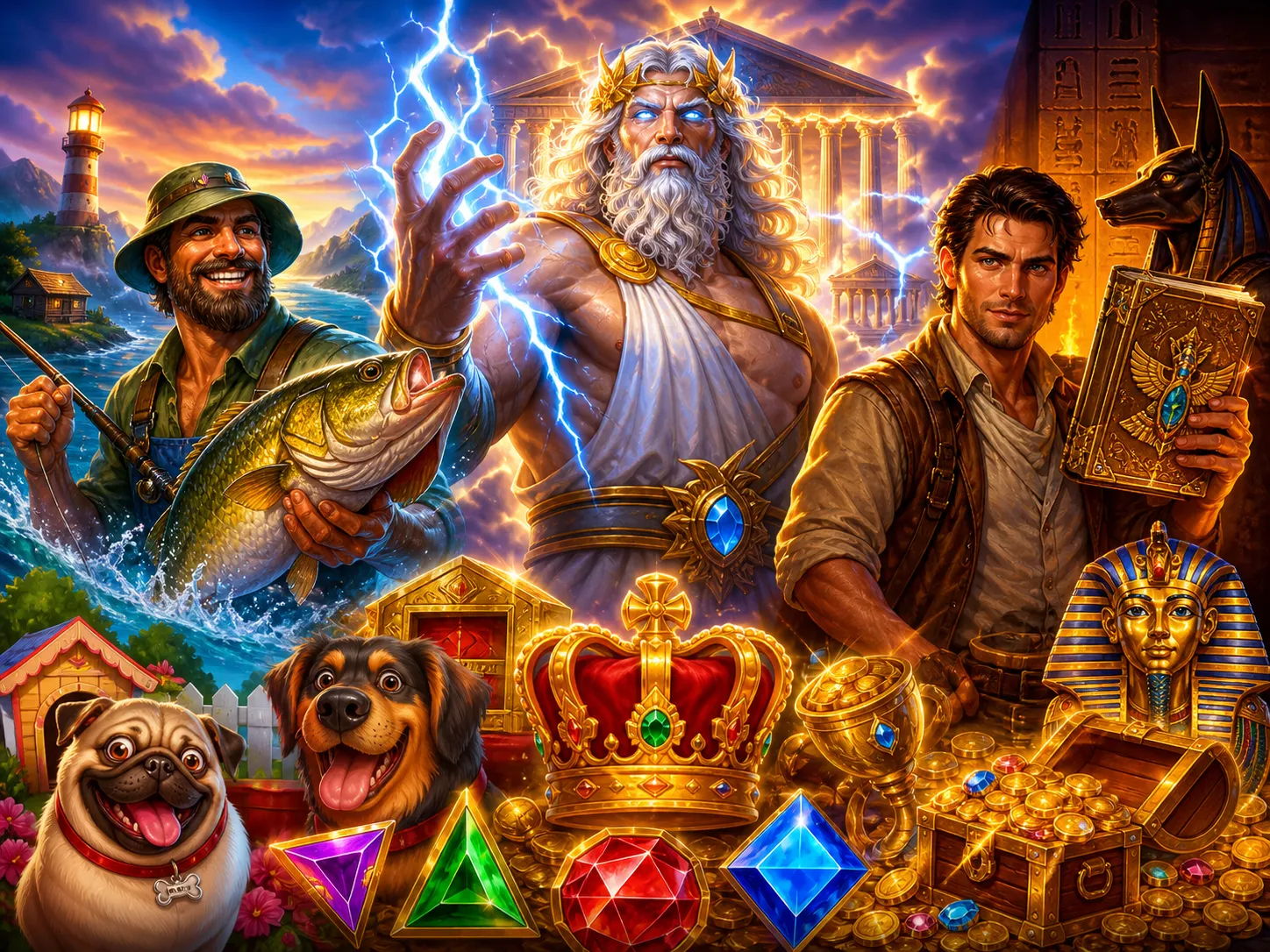 Vibrant artwork featuring mythical creatures and treasure in a lush fantasy landscape with cinematic lighting.