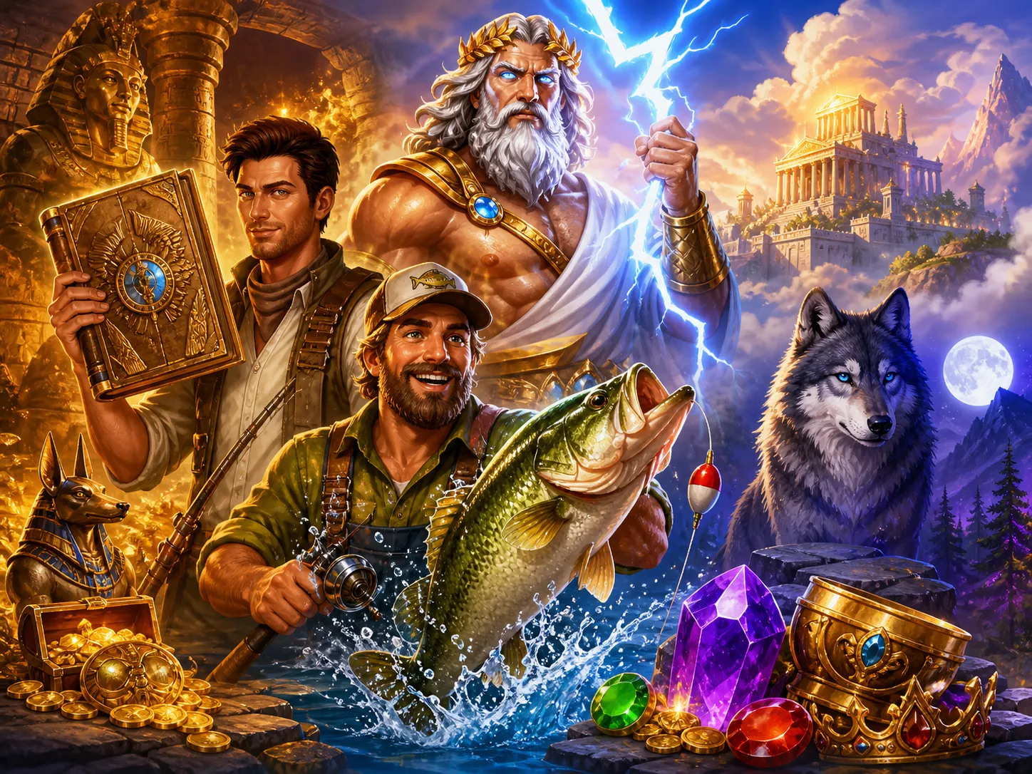 A vibrant scene featuring a powerful mythological god in Olympus with clouds, lightning, and gold, blending with expressive w